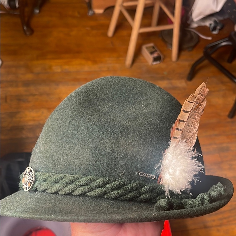 Green Felt Hat with Feather Accent